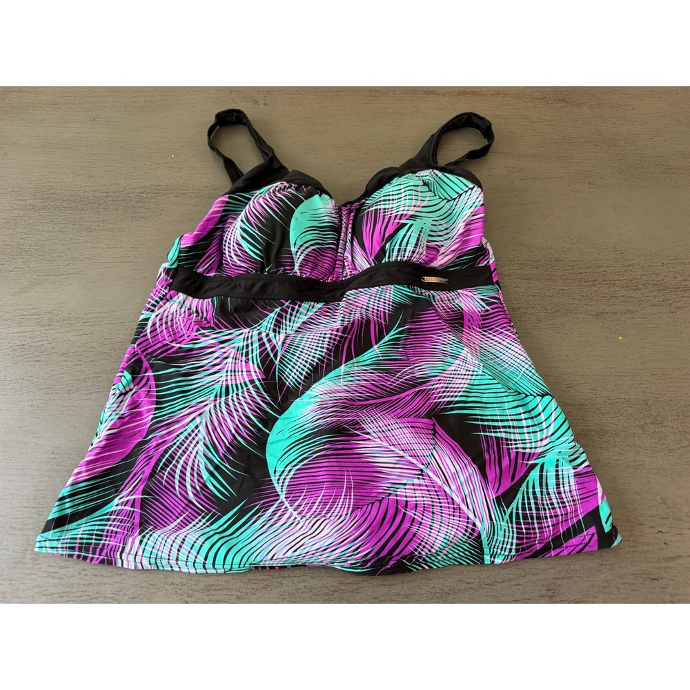 ZeroXposur Womens Tankini Swim Top Size 12 Tropical Palm Leaf Purple Teal Black